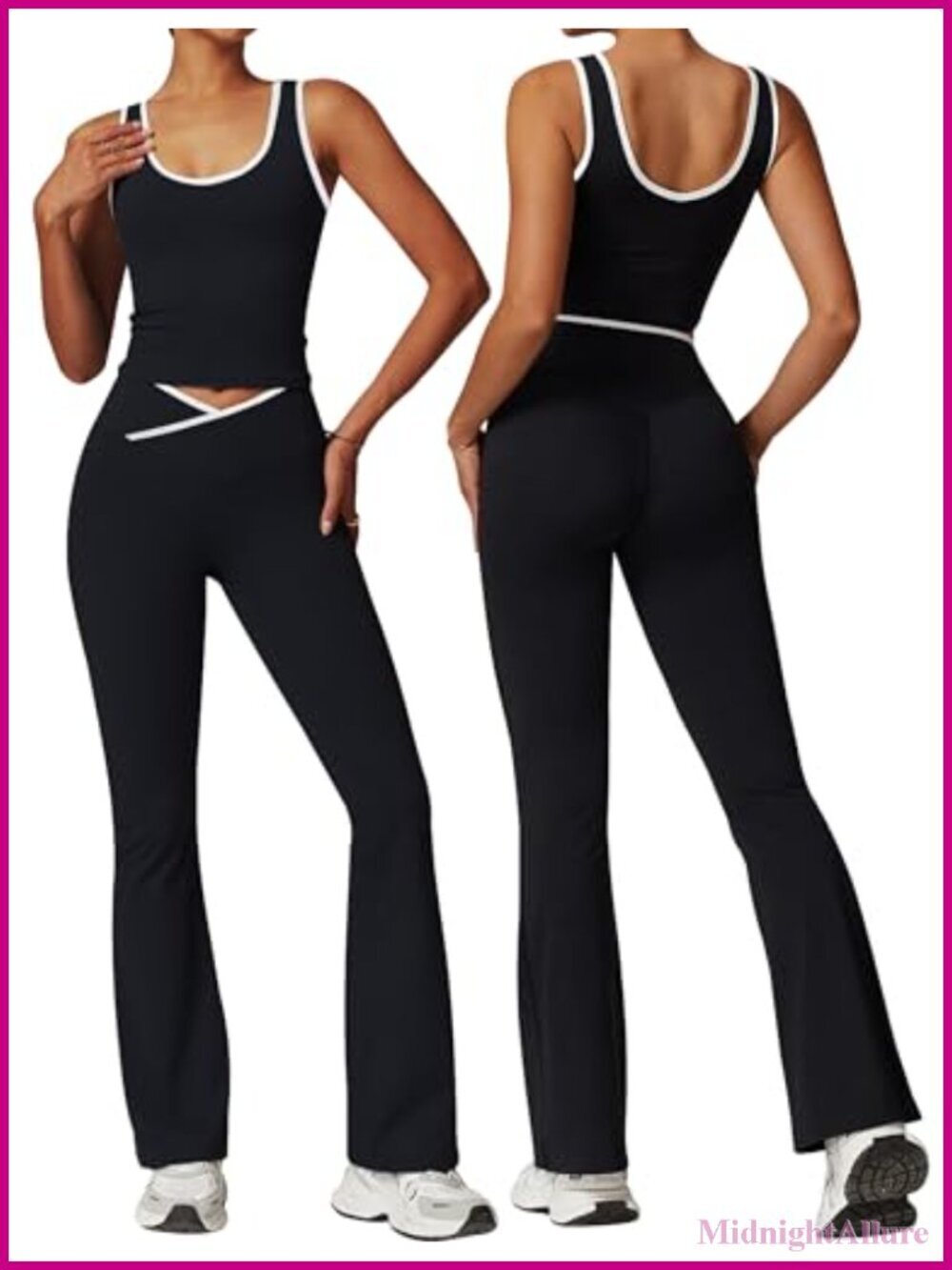 2 Piece Workout Set Crossover Flare Leggings Crop Tank Top Contrast Trim